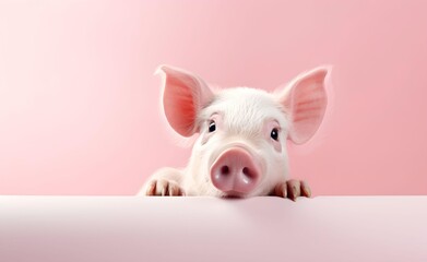 Creative Animal Concept. Pink pig peeking over pastel bright background. Generative AI.