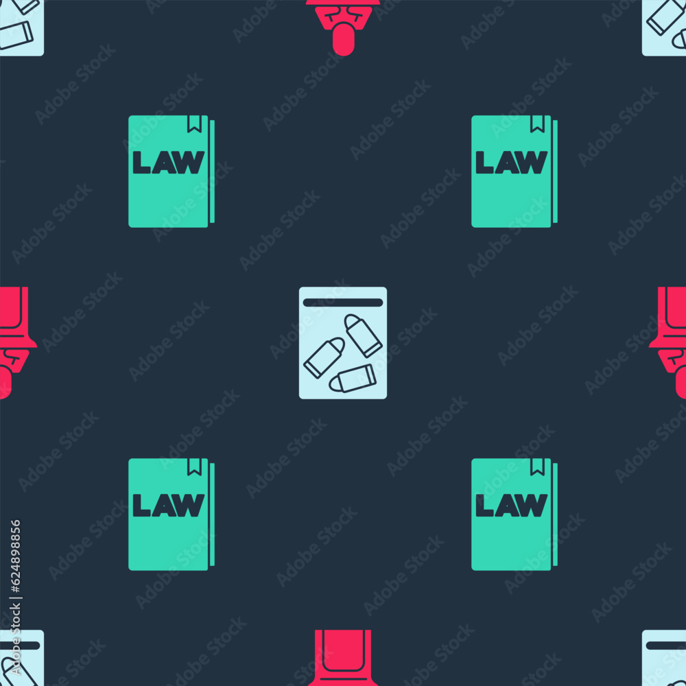 Poster Set Judge, Evidence bag and bullet and Law book on seamless pattern. Vector