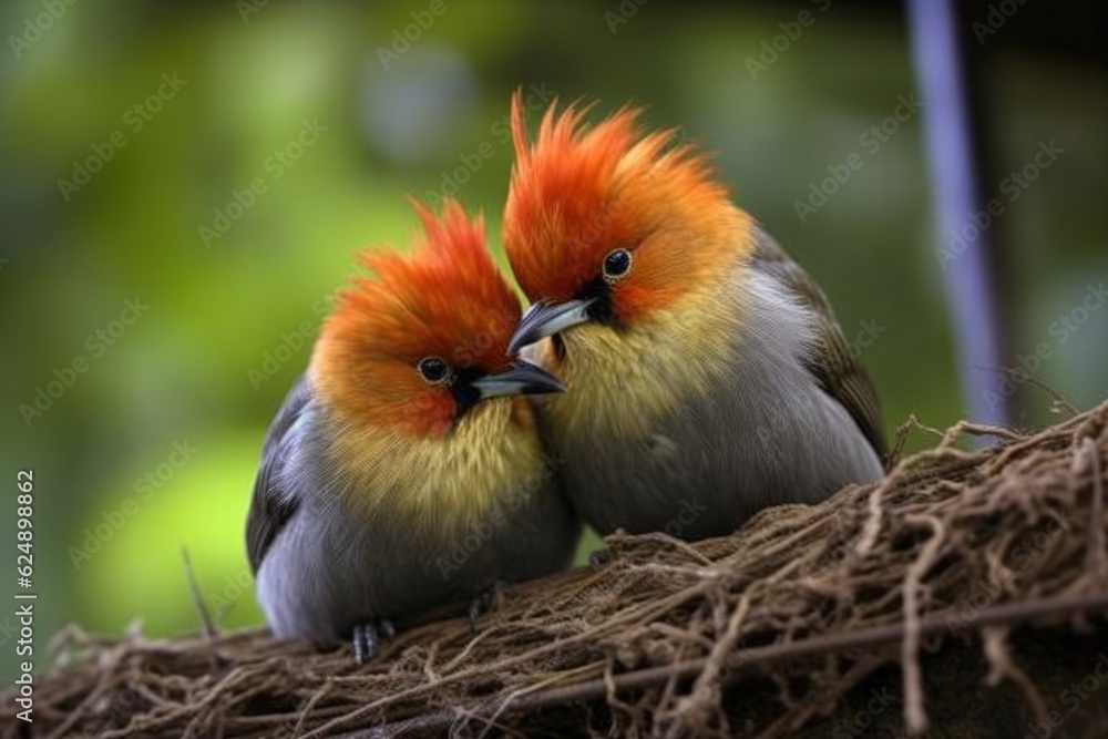 Sticker rare bird couple grooming each other near their nest, created with generative ai