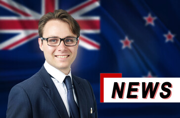 News anchor, tells the latest news, smiling, against the background of the flag of New Zealand
