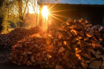 sunlight shining on a pile of split firewood, created with generative ai