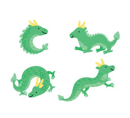 Traditionnal chinese dragon vector set collection. Different poses of cute cartoon chinese dragons. CNY 2024 chinese zodiac dragon isolated vector.