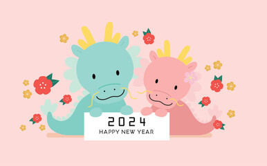 Cute chinese dragons couple holding a signboard wishing a happy chinese new year 2024. Year of the dragon greetings card or banner, lunar new year celebration. Dragons family.