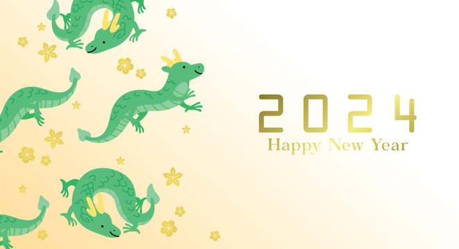 Year of the dragon banner with plum blossoms background. Chinese new year 2024 greetings card with flying green dragons, spring flowers, lunar new year celebration.