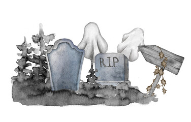 Watercolor Halloween. Hand painted graveyard with tombstone, bats and moon isolated on white . Holiday print for design or background
