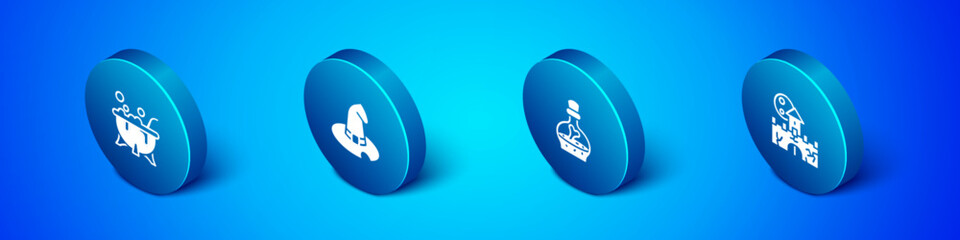 Set Isometric Halloween witch cauldron, Bottle with potion, Castle, fortress and Witch hat icon. Vector