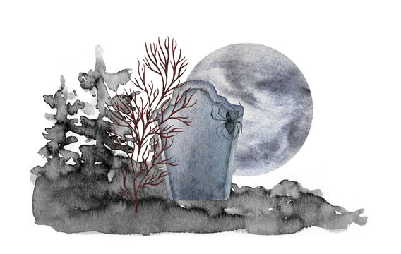 Watercolor Halloween. Hand painted graveyard with tombstone, bats and moon isolated on white . Holiday print for design or background