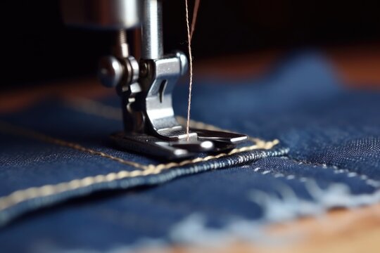 close-up of sewing machine stitching denim fabric, created with generative ai