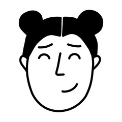 Happy young female head with two topknot. Simple vector illustration in line doodle style perfect for sticker or emoji