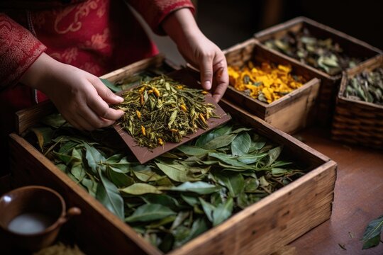 freshly processed tea leaves in handcrafted packaging, created with generative ai