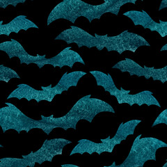 Halloween watercolor seamless pattern with aquarelle textured green blue bats on black background.Party wrapping paper and print element