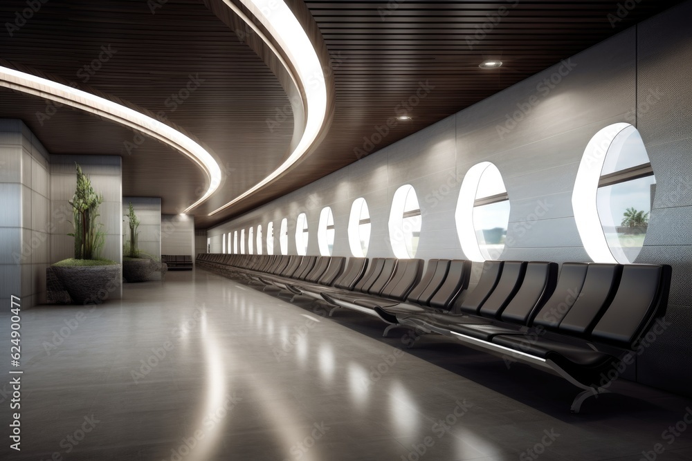 Poster sleek airport waiting area with minimalist seating, created with generative ai