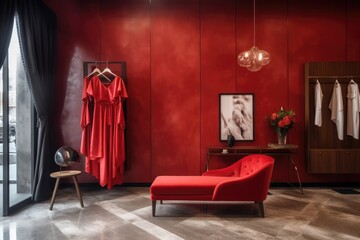 red dress on hanger against stylish store interior, created with generative ai