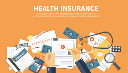 Health care insurance concept. Man fills in the form of health insurance. Flat vector illustration	
