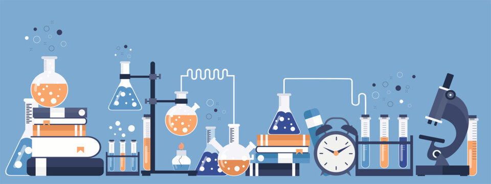 Laboratory equipment banner. Concept for science, medicine and knowledge. Flat vector illustration	

