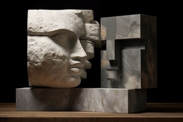 raw marble block contrasted with finished sculpture, created with generative ai