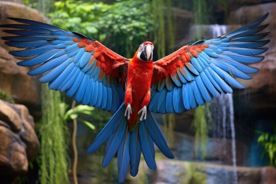macaw in flight with wings outstretched, created with generative ai