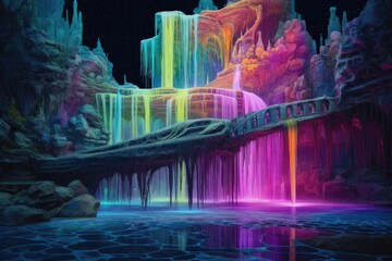 neon rainbow-colored cascading waterfall at night, created with generative ai