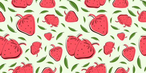 Seamless bright red and light green pattern with strawberries for fabric, drawing labels, print on t-shirt, wallpaper of children's room, fruit background. Berries doodle style background.