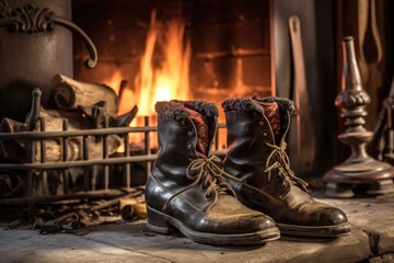 close-up of winter boots steaming by a fireplace, created with generative ai