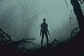 eerie zombie silhouette in a foggy forest, created with generative ai