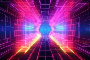 vibrant neon light squares forming 3d digital tunnel, created with generative ai