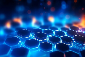 Obraz premium Beautiful deep blue abstract background with hexagons, new technologies, intermet, IT concept. Design element, AI generated
