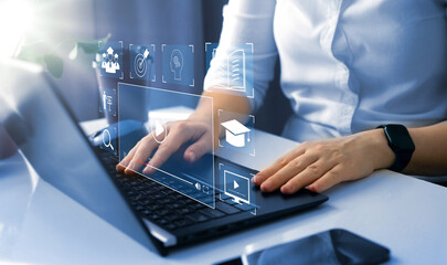 Person who attends online lessons.E-learning education, internet lessons and online webinar....