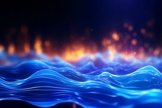 Beautiful deep blue and orange abstract background with waves, new technologies, intermet, IT concept. Design element, AI generated