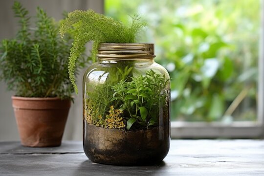 glass jar repurposed as a plant pot, created with generative ai