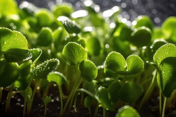 water droplets on microgreens leaves, backlit by sunlight, created with generative ai