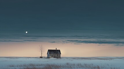 A cold winter night, coming home. A lonely house with in the distance on a deserted plain.