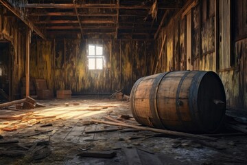 wooden barrel with peeling paint in abandoned barn, created with generative ai