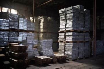 aluminum ingots stacked in a warehouse, created with generative ai