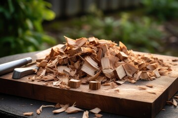 Fototapeta na wymiar wood chips scattered around chopping block, created with generative ai