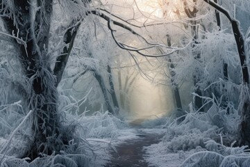 misty forest path with frost-covered trees, created with generative ai