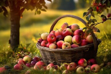 apple picking basket filled with freshly harvested fruits, created with generative ai