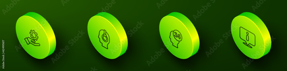 Poster set isometric line settings in the hand, support operator touch, and information icon. vector