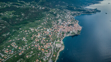 Lago de Garda. Drone areal view. Mountains and lake nature view.