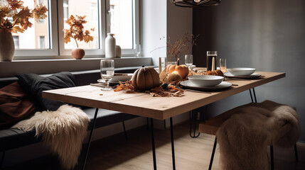 Cozy decoration of autumn dining table