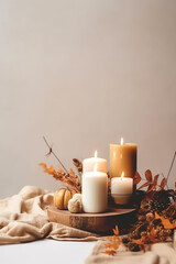 Autumn background with candles and natural elements