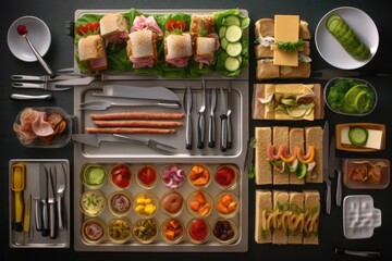 top view of a sandwich assembly station with utensils, created with generative ai