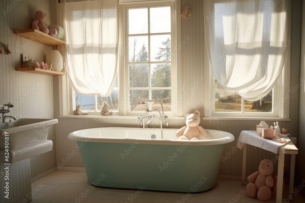 Wall mural baby bathtub next to a window with natural light, created with generative ai