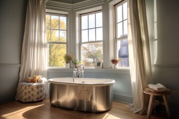 Fototapeta na wymiar baby bathtub near a window with natural light, created with generative ai
