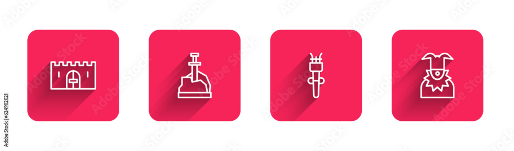 Poster set line medieval castle gate, sword in the stone, torch flame and joker head with long shadow. red 