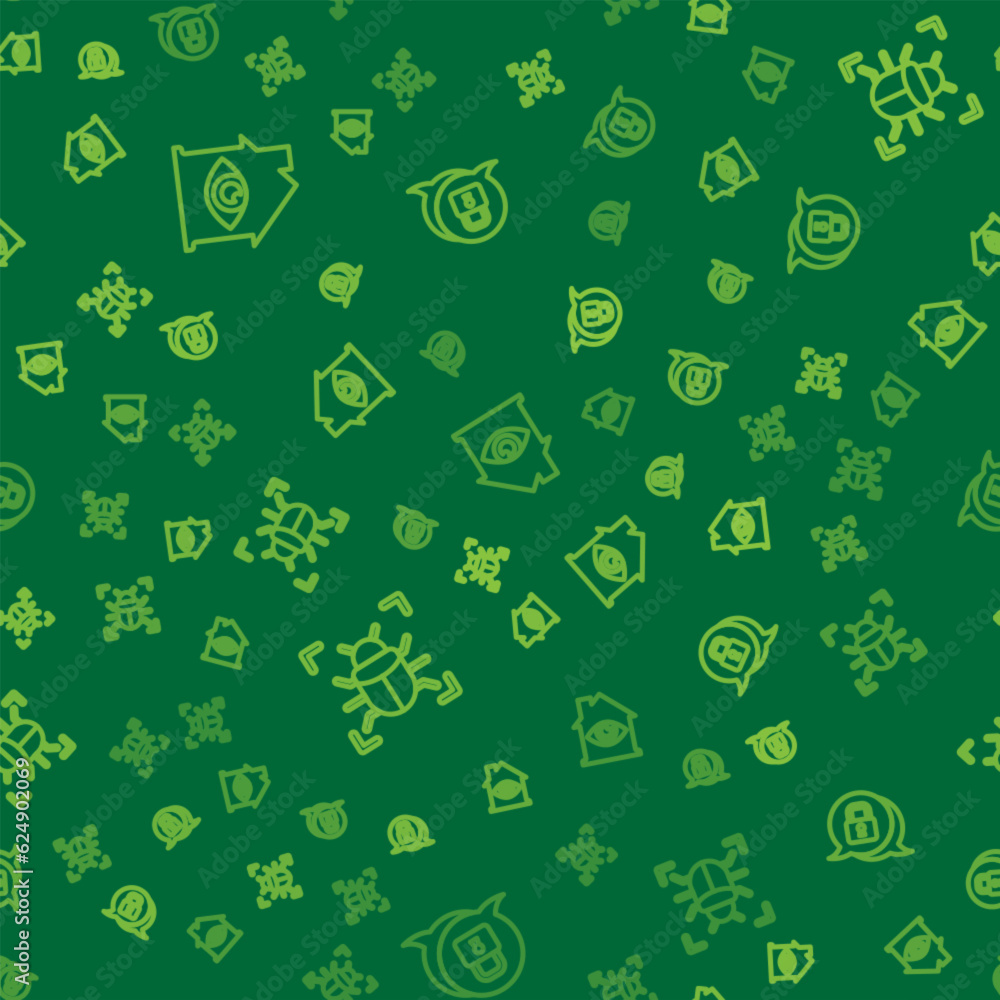Aufkleber set line house with eye scan, system bug and cyber security on seamless pattern. vector