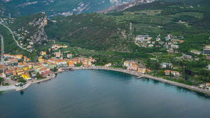 Lago de Garda. Drone areal view. Mountains and lake nature view.