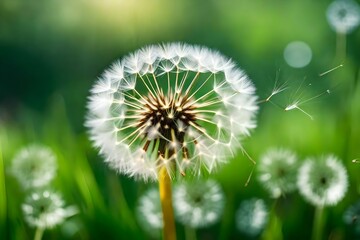 Dandelion on a blurred green grass background generated by AI tool