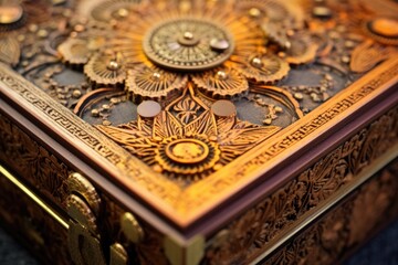 Fototapeta na wymiar close-up of intricate design on a wooden cigar box, created with generative ai