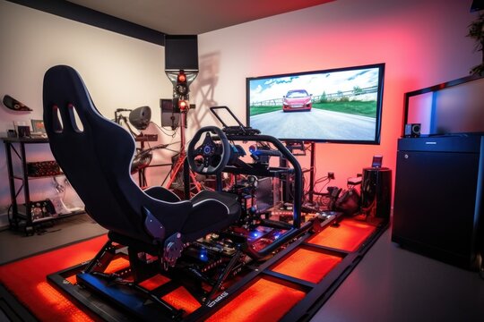 vr racing simulator setup with steering wheel, created with generative ai